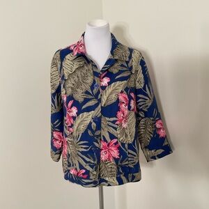 Chico's Olive Green, Blue and Pink Floral Linen Jacket